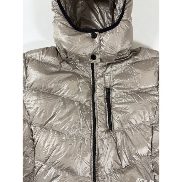 Y2K Andrew Marc XXL Metallic Hooded Down Puffer Coat 650 Fill Taupe Minimalist - Picture 5 of 14